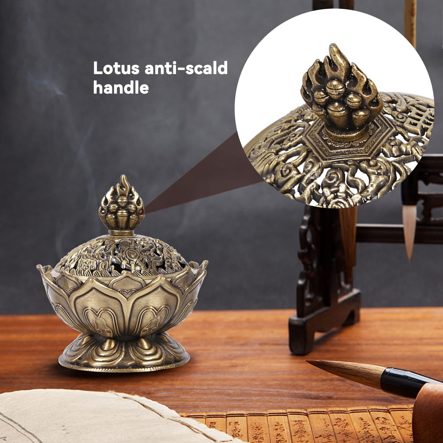Vintage Backflow Incense Burner Bowl, Lotus Incense Holder Charcoal Censer Ash Catcher Stick Cone Reel Incense for Powder Cone or Coil Incense (Bronze)