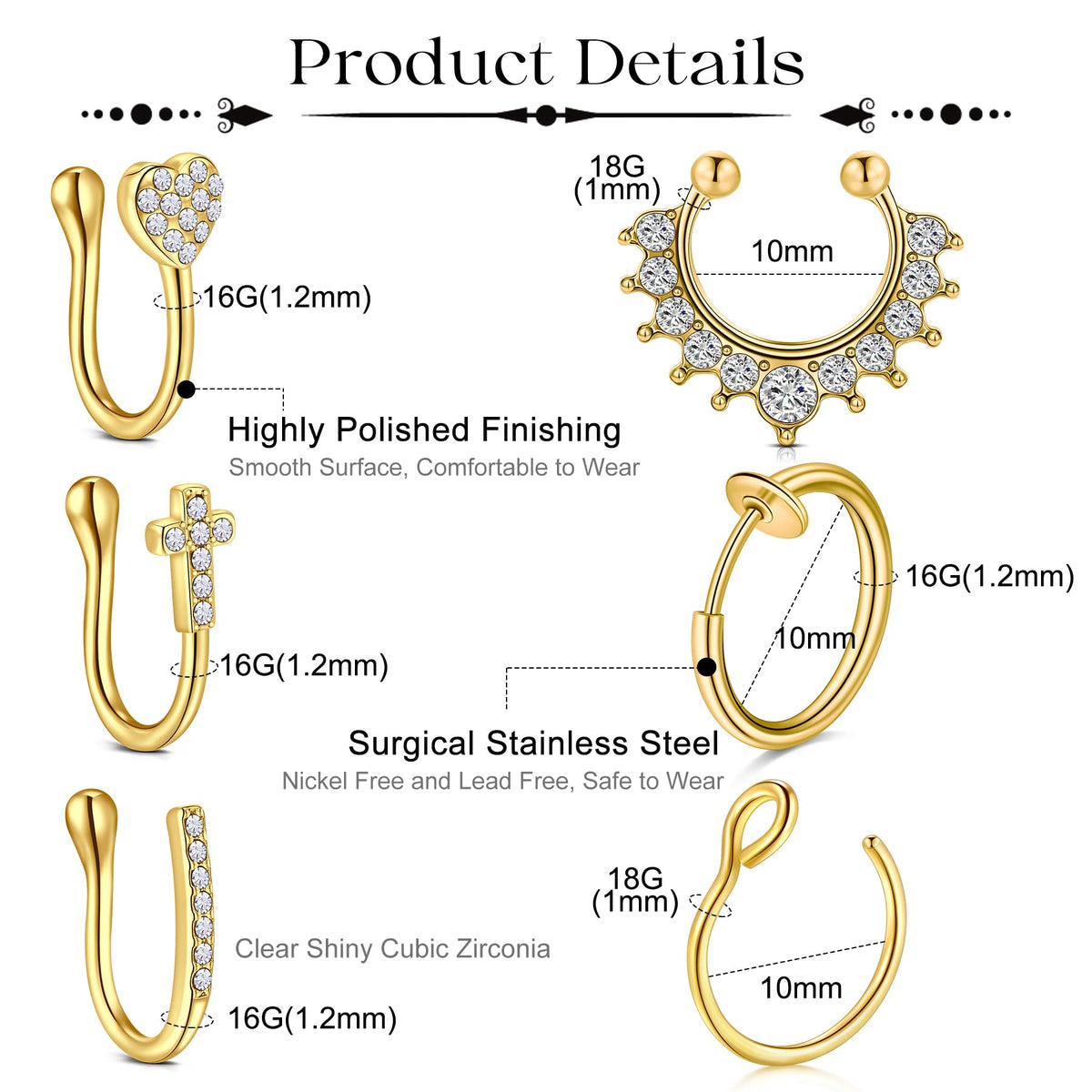 JFORYOU Fake Nose Ring Fake Septum Gold Clip on Nose Ring Hoop Faux Nose Piercing Spring No Pierced Non Piercing Faux Body Piercing Jewelry for Women Men