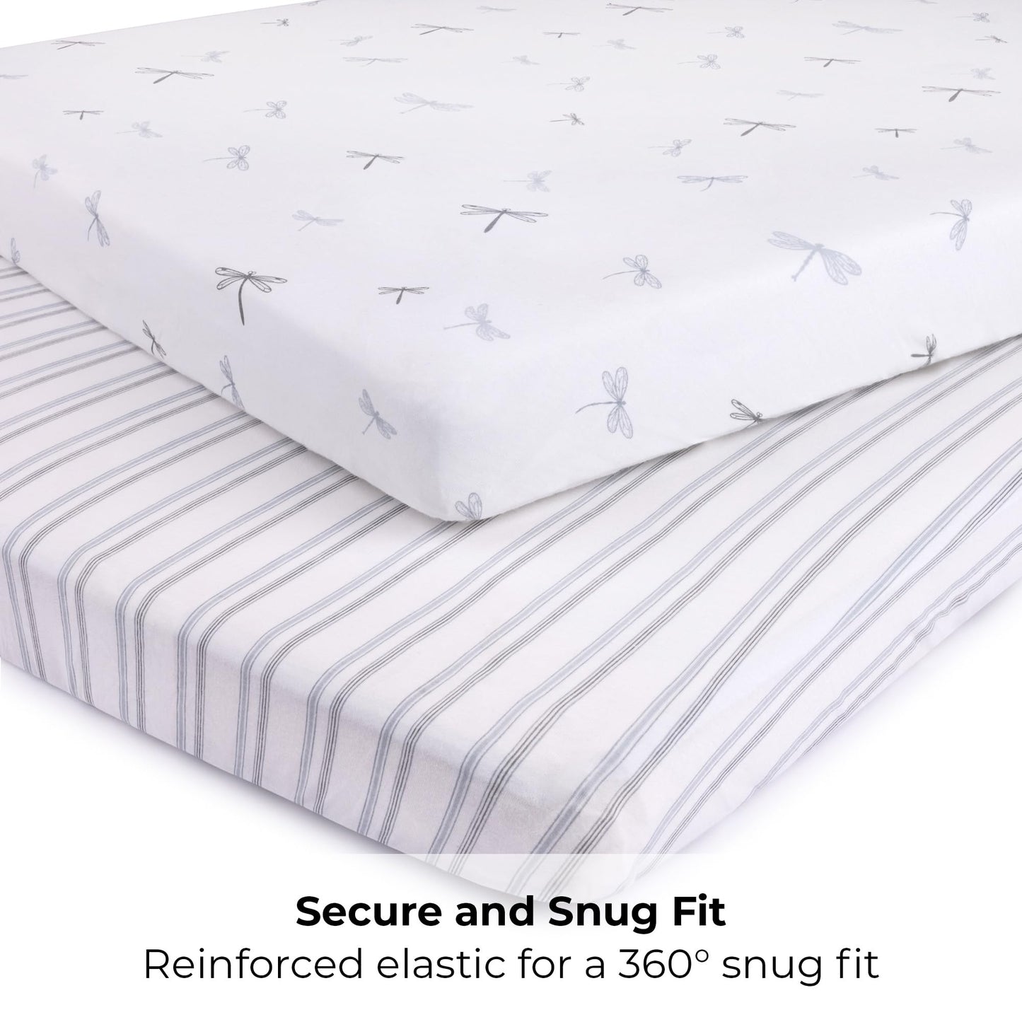 Ely's & Co. Pack and Play Sheets, for Mini/Portable Crib, 2 Pack Fitted Playpen Play Yard Sheet Set Compatible with Graco Pack n Play, for Baby Boys, 100% Cotton, 38”x24”x5” Blue Dragonfly + Stripes
