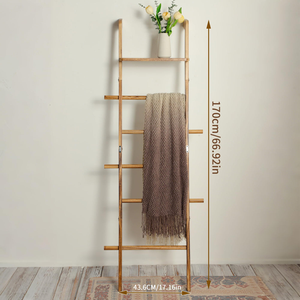 ZUNTO Blanket Ladder with Top Shelf for The Living Room - 67in Decorative Wooden Blanket Holder, 5 Tier with Side Hooks for Hanging - Rustic Farmhouse Towel Throw Ladder Rack for Organize and Display