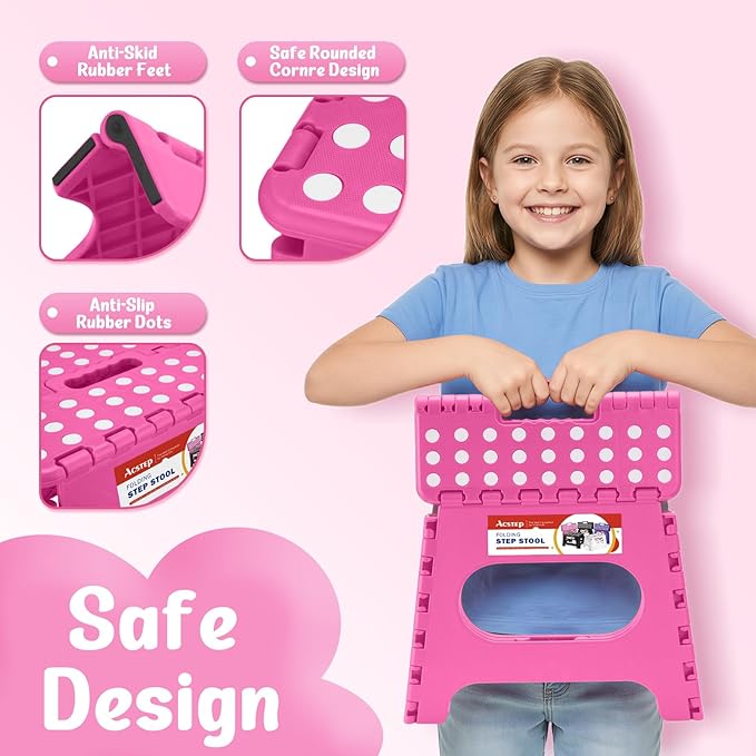 ACSTEP Folding Step Stool 11 Inch, Sturdy Plastic Foldable Step Stool for Kids & Adults, Non Slip Lightweight Collapsible Foot Stools Holds 300 lbs, Ideal for Kitchen, Bathroom, Bedroom, Rose red