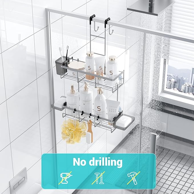 Hanging Shower Caddy Over Door: Silver Rustproof Shower Organizer over the Door