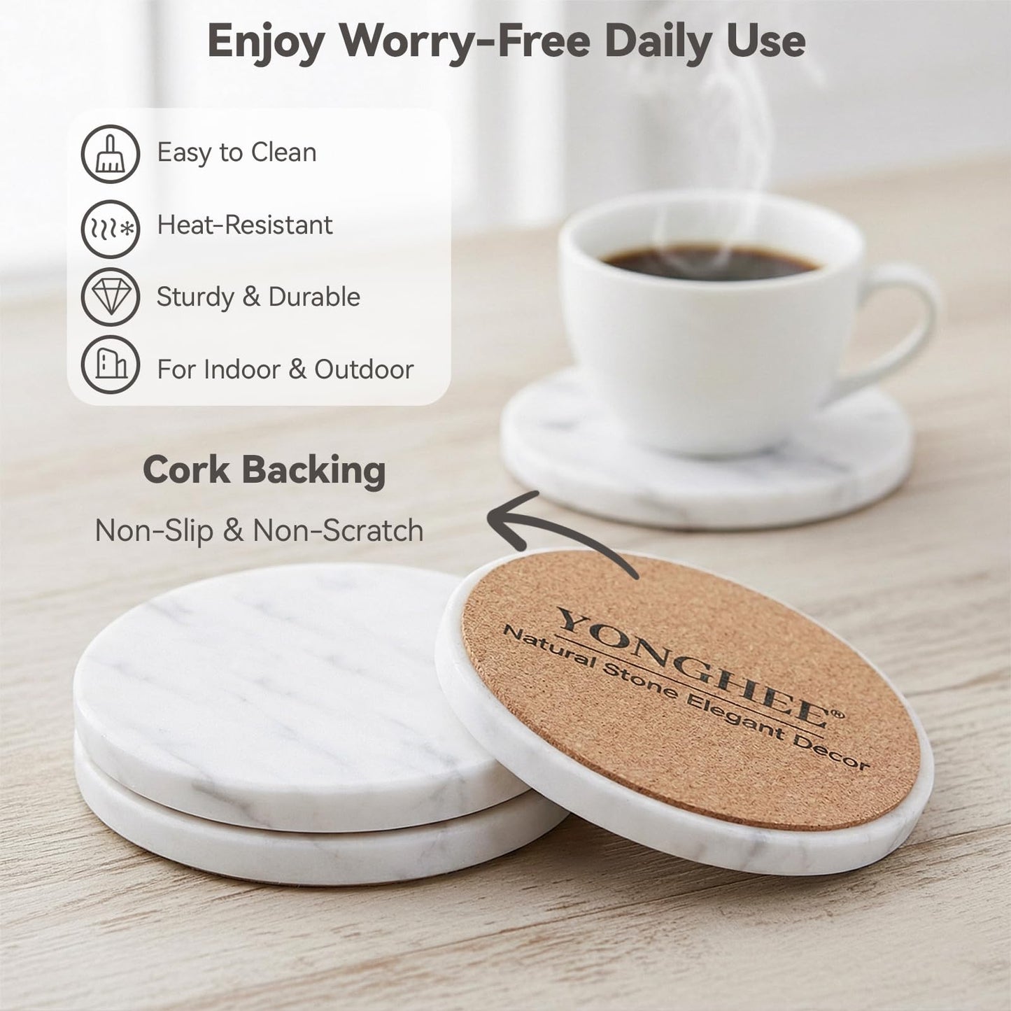 YONGHEE Soft White Marble Coasters Set of 6 with Holder, Elegant Drink Coasters for Coffee Table, 4" Polished Natural White Stone Coaster with Grey Veins - Heat Resistant, Non-Slip, Housewarming Gift