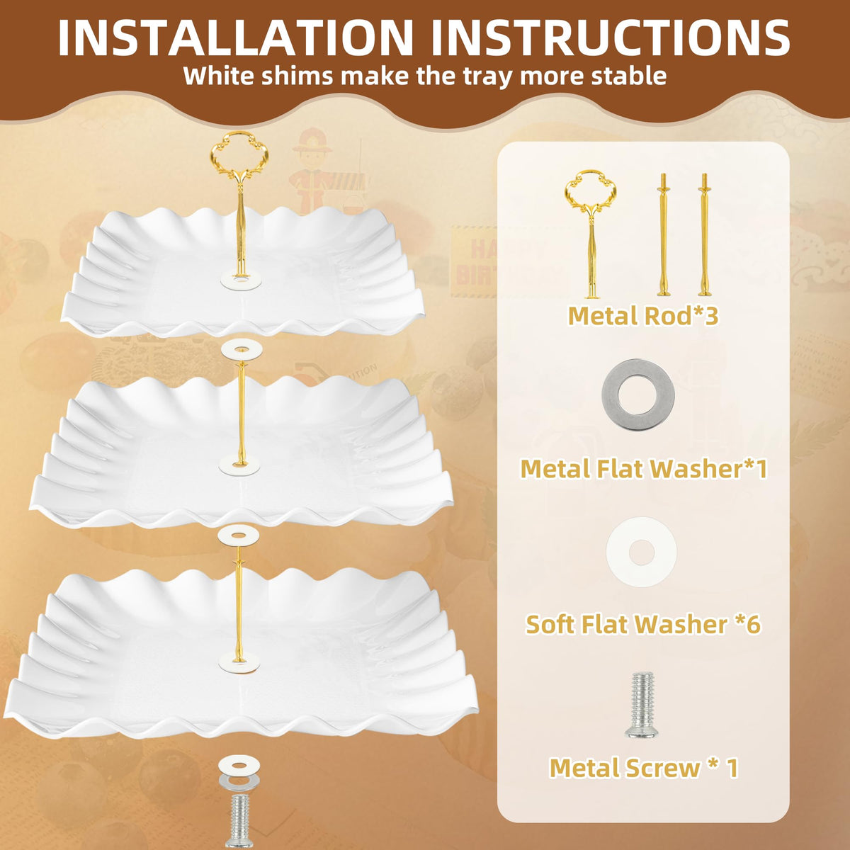 10 Pack Dessert Table Display Set - 4 x Three-Tier Square Cupcake Stands and 6 x Serving Trays, Elegant Tableware for Cakes, Cupcakes, Pastries, and Snacks, Perfect for Parties (White)