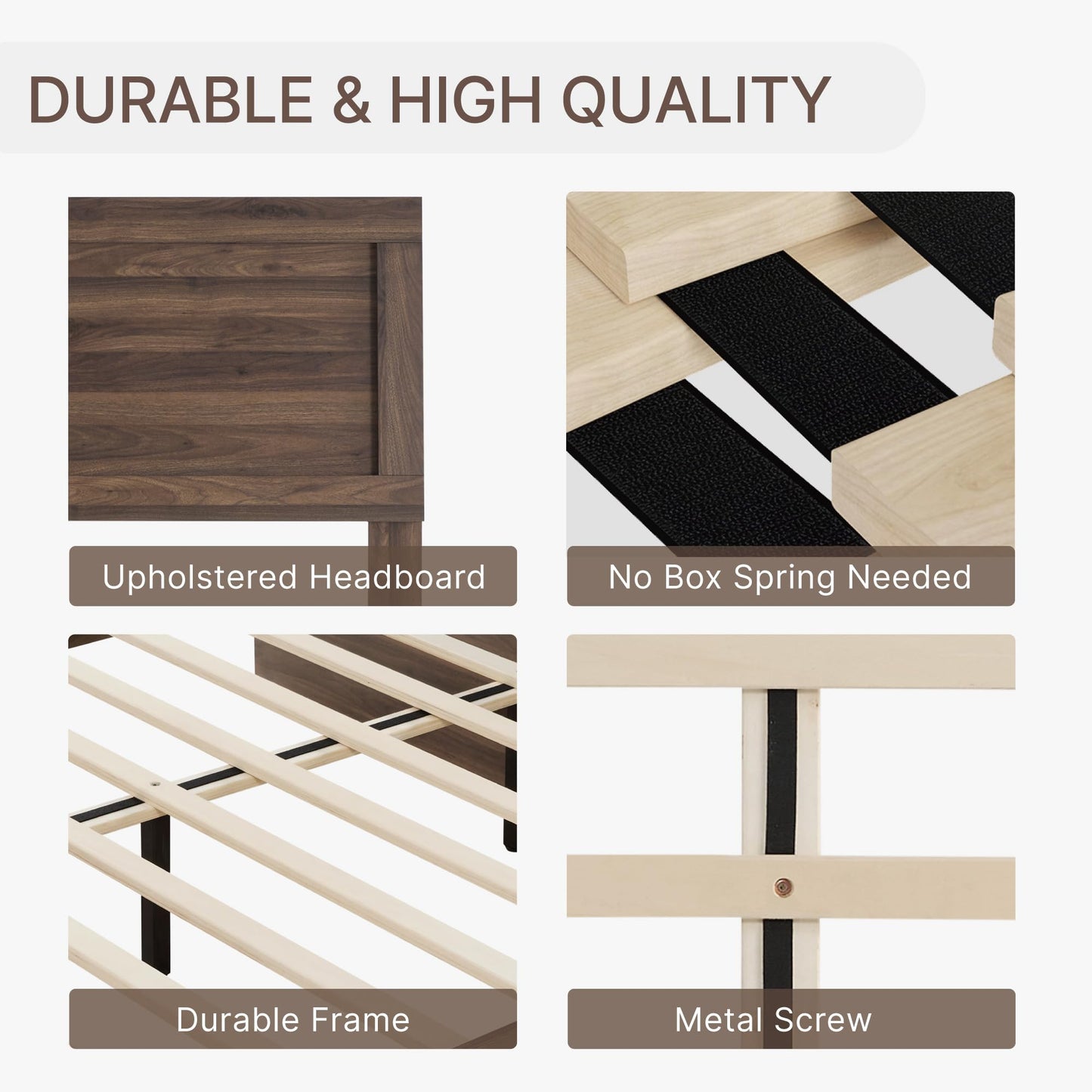 KISLOT 3 Pieces Bedroom Set, Wood Bed Frame with Upholstered Headboard & 2 Nightstands with Storage, Wooden Platform Mattress Foundation Farmhouse Bedroom Furniture Set