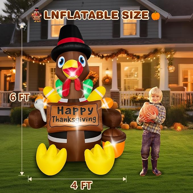 Thanksgiving Inflatables Turkey Outdoor Decorations 6FT Fall Inflatable Turkey with Built-in LED Lights with Colorful Tail Blow up Outdoor Lawn Yard Decoration