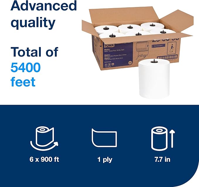 Tork Matic Soft Hand Towel Roll White H1, High Absorbency, 6 Rolls x 900 ft