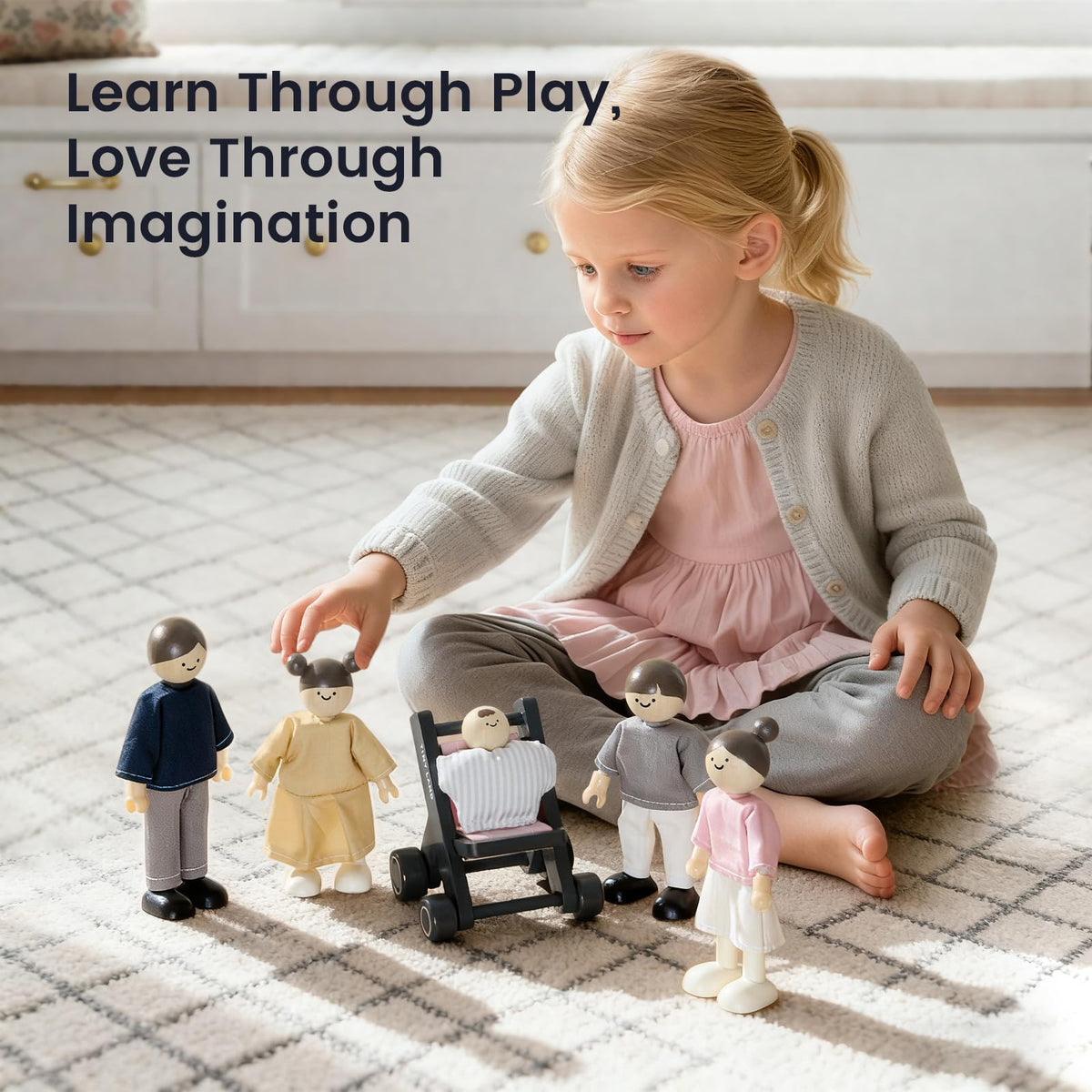 Tiny Land Modern Wooden Dollhouse & 5-Piece Poseable Wooden Doll Family People Set