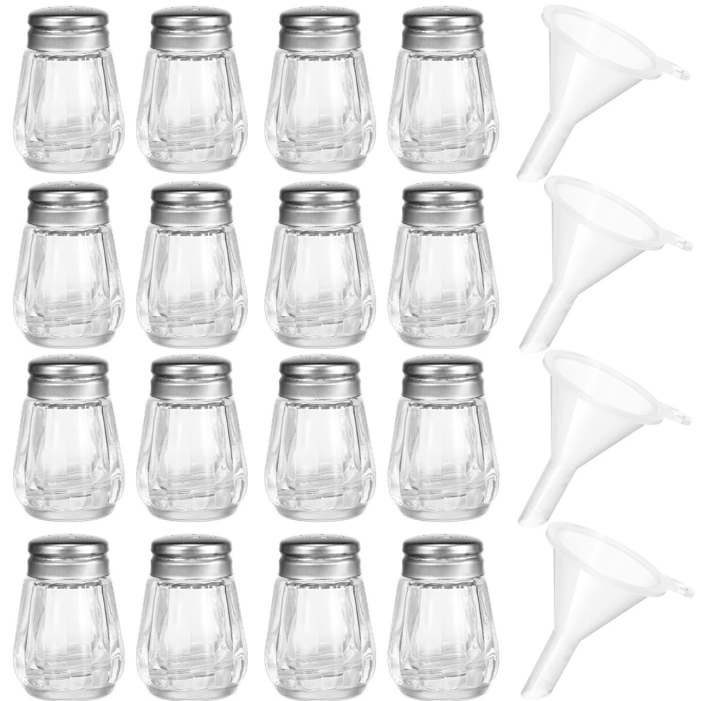 Potchen 0.5 oz Small Salt and Pepper Shakers with Funnels Clear Mini Glass Seasoning Jars Bulk Tiny Spice Glass for Wedding Party Restaurant Home Kitchen Travel Camp(Silver)