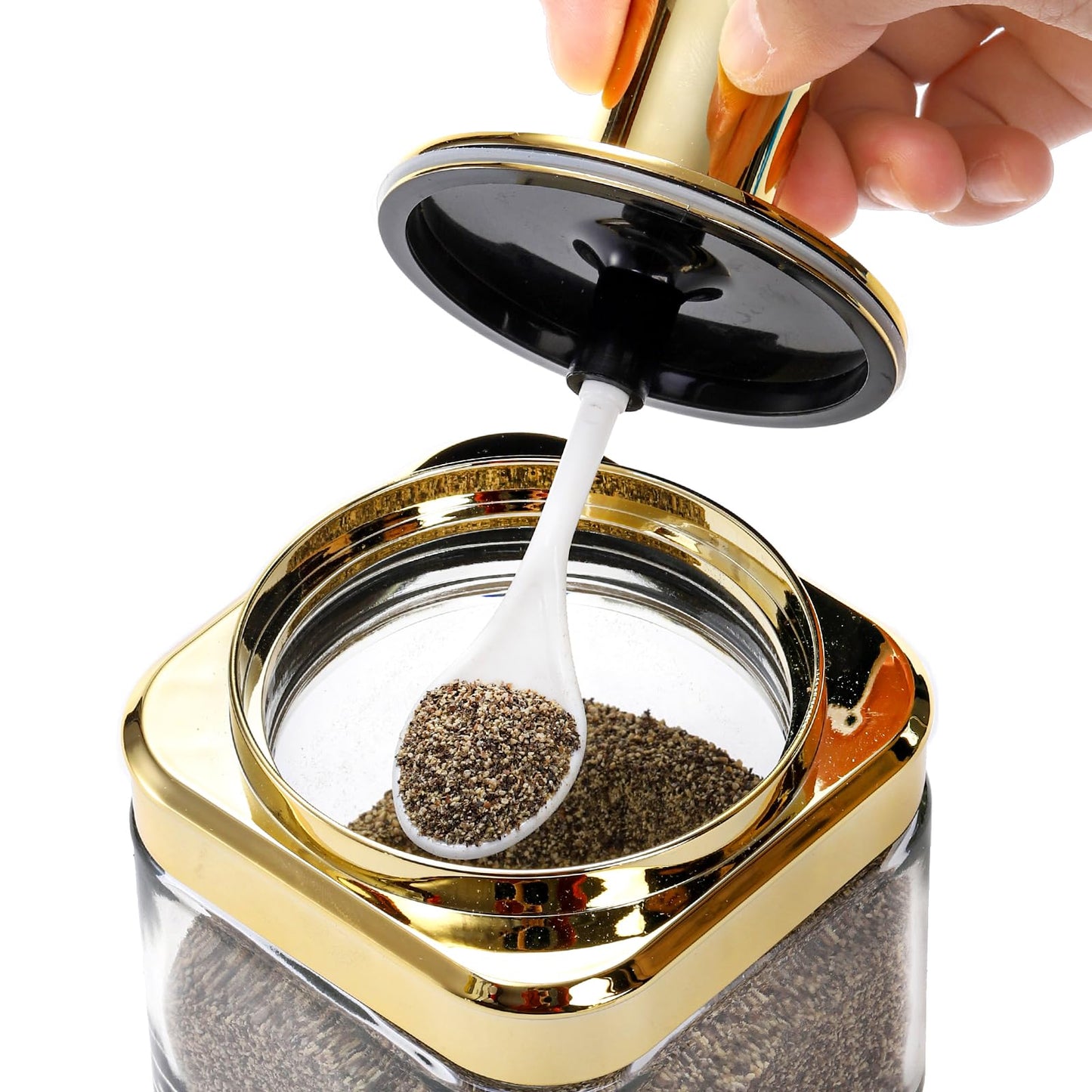 Mezchi 2 Pack Glass Condiment Pot, 12 Ounce Gold Spice Jars with Spoon, Seasoning Box Set Salt Container, Sugar Dispense, Kitchen Containers for Flour and Sugar