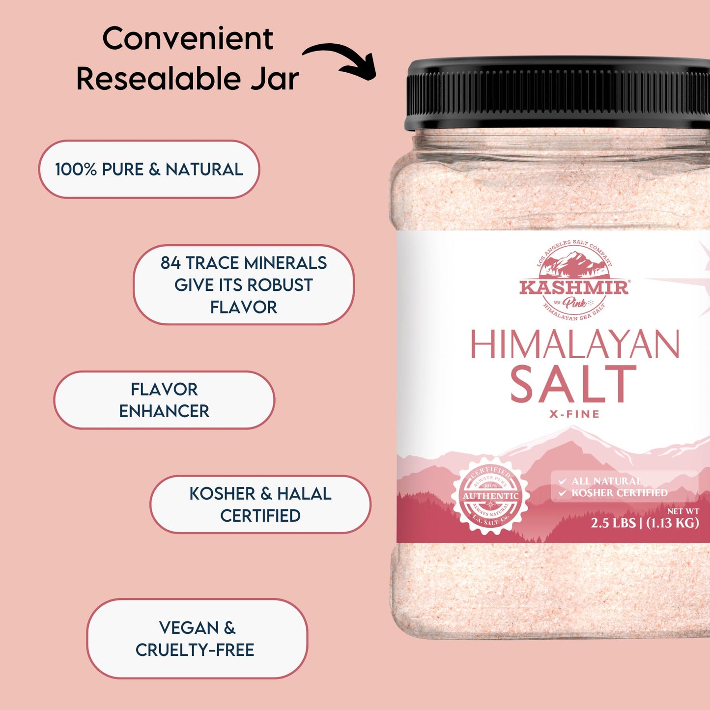 LA SALT CO Kashmir 2.5 Lbs Pink Himalayan Salt Jar, X-Fine | 100% Pure, Food Grade with 84 Trace Minerals | Kosher Certified, Vegan, Non-GMO, & Cruelty-Free
