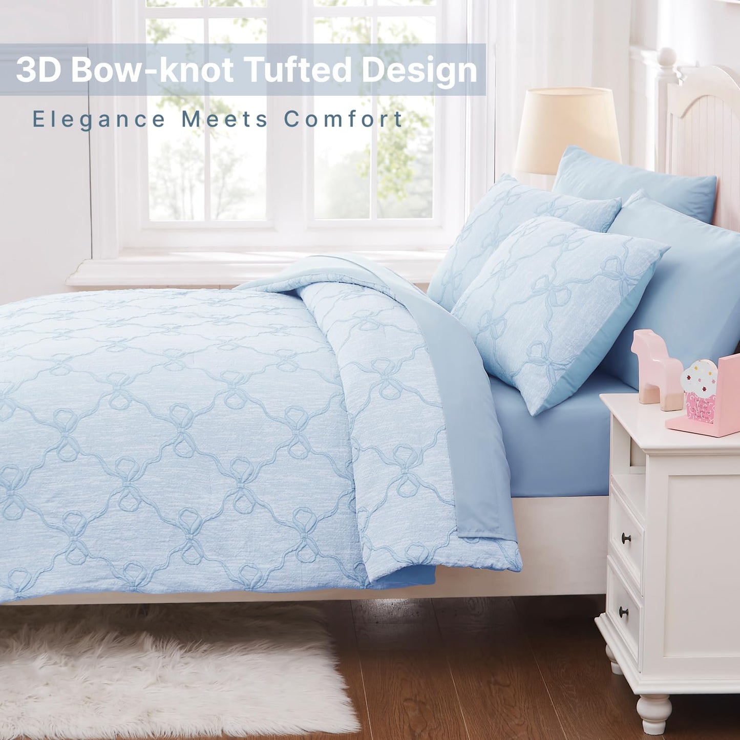 Wink Deer Twin Comforter Set with Sheets for Girls-5 Pieces Twin Bedding Sets with Light Blue Comforter, Sheets, Pillowcase & Sham for Kids (Light Blue Diamond, 66" X 86")