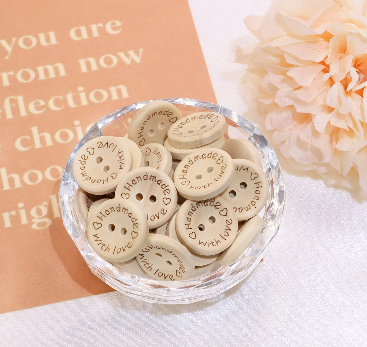Shapenty Wooden Handmade with Love Buttons 2 Holes Round Sewing Buttons for Gift Giving Crochet Knitting Craft Projects Scrapbook Clothing Hats Sweater Decor Accessories, 50PCS (20mm)