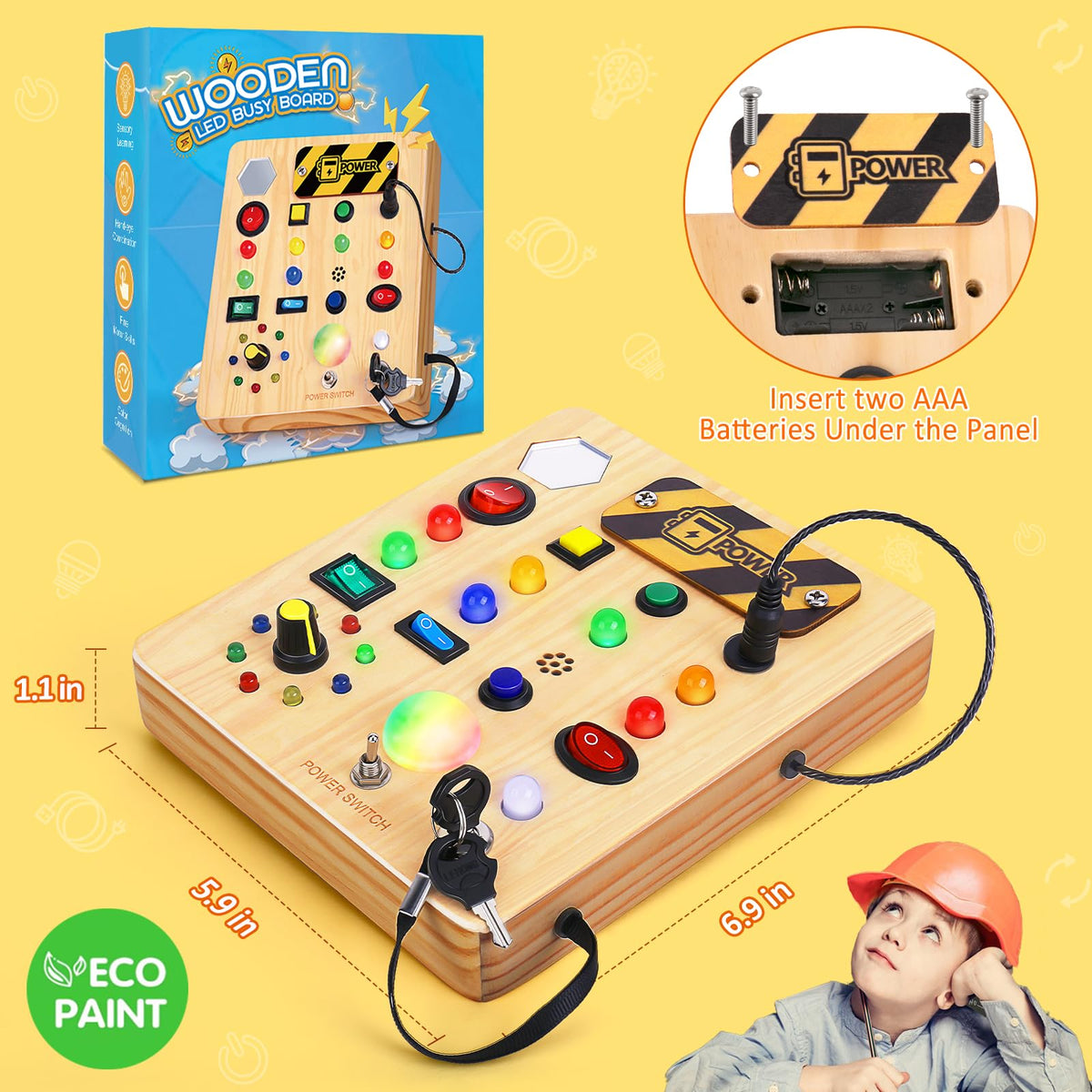 TINTECUSA Busy Board with LED Light, Wooden Sensory Toys for Toddler, Montessori Music Toy for Airplane, Travel Activity Educational Learning Autism Toys, Birthday Boys Girls Gifts