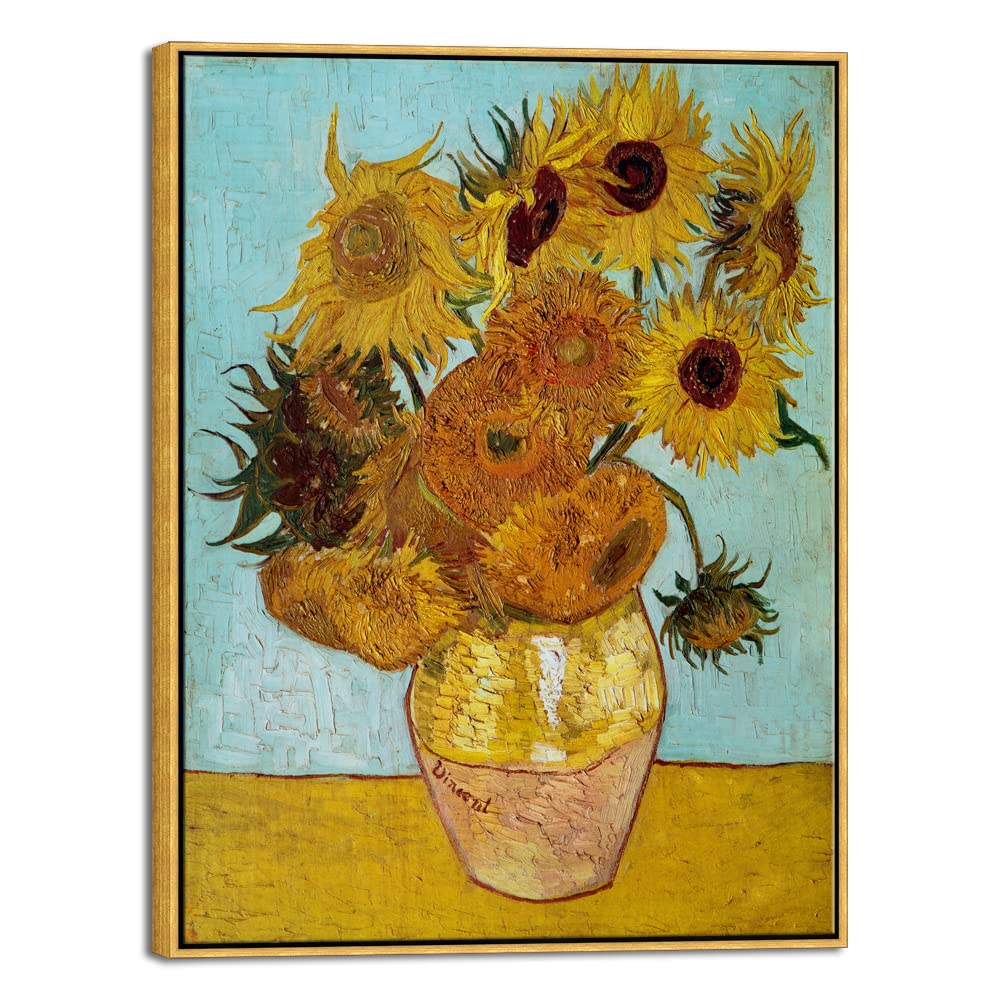 Wieco Art Framed Wall Art Canvas Prints of Sunflower by Vincent Van Gogh Paintings Reproduction Abstract Wall Decorations for Living Room Golden Frame
