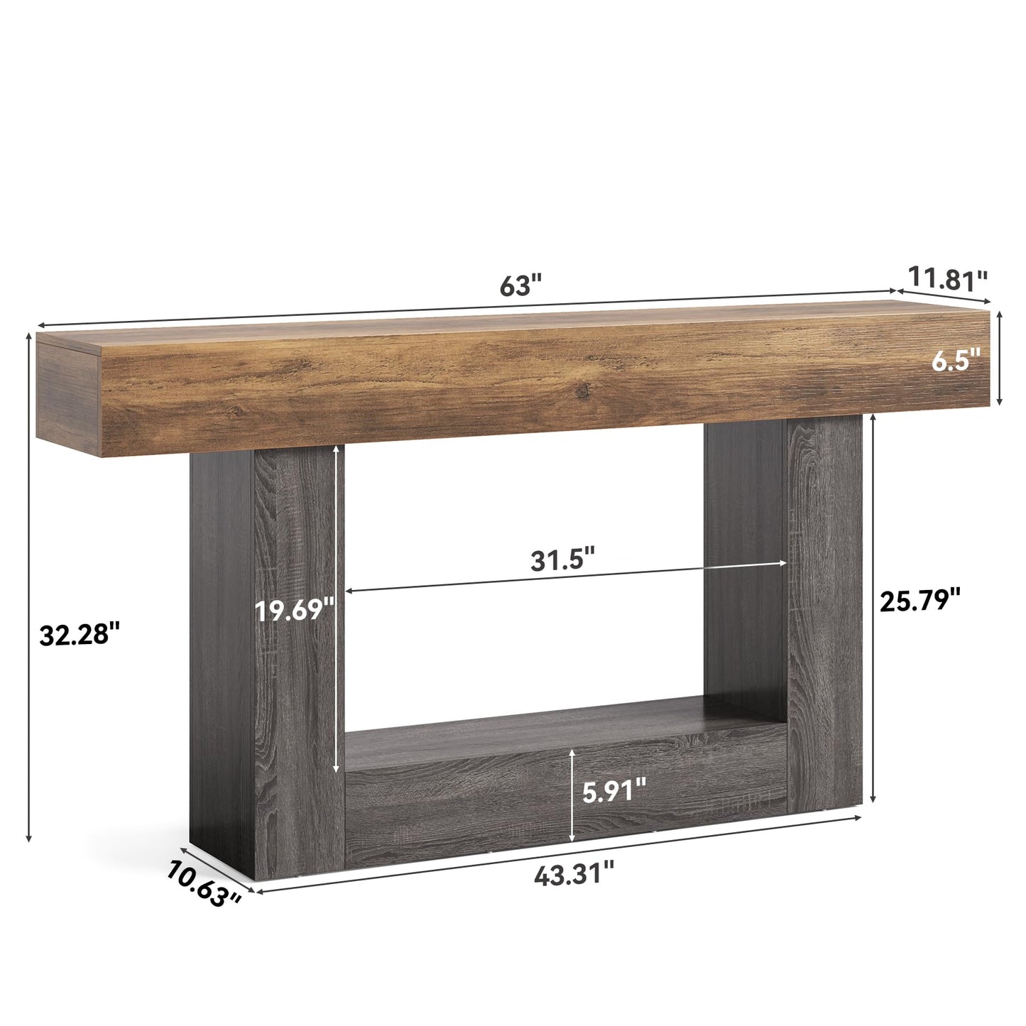 LITTLE TREE 63 Inches Long Console Table, 2-Tier Farmhouse Sofa Table Behind Couch, Large Narrow Entryway Table for Living Room, Wooden Hallway Foyer Table with Heavy Duty Base, Rustic Brown and Grey