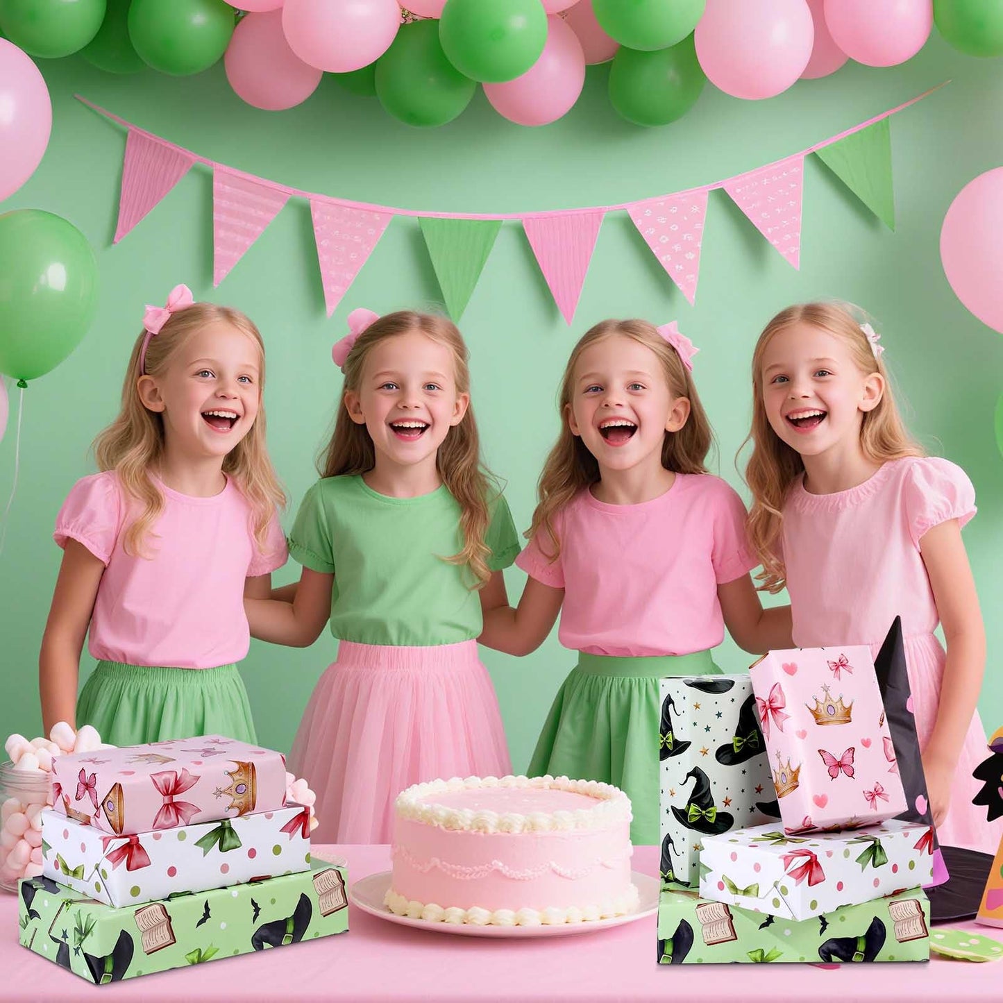 Pineraap 12 Sheets Witch Wrapping Paper, Pink and Green Gift Wrap - Watercolor Bow Crown Witch Hat Broom Print Gift Packing Paper for Girls Women Birthday Princess Themed Party, 19.7 x 27.6 Inch