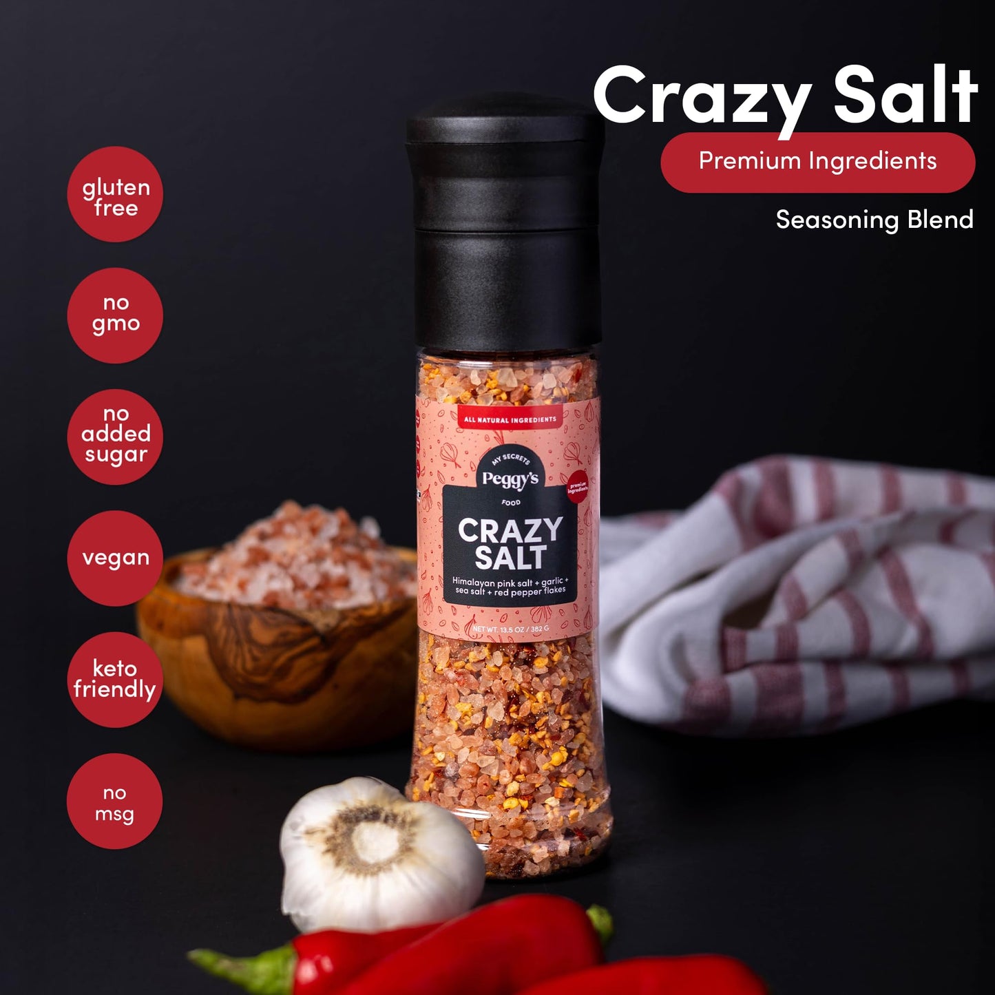 My Secrets Peggy’s Food Crazy Salt Himalayan Pink Salt - Fine Grain Gourmet Seasoning with Sea Salt, Garlic and Red Pepper Flakes, Natural Salt Mix for Cooking, Seasoning, Grilling, Baking, Table Use, No Additives, Premium Flavor, 13.5 oz