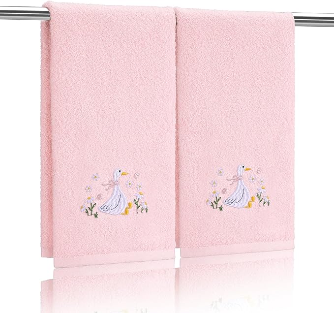 2 Pcs Silly Goose Hand Towels Blush Pink Bathroom Decor 14x29 Inch Embroidered