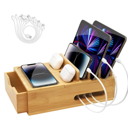 Bamboo Charging Station for Multiple Devices, Desktop Wood Charger Organizer with Drawer & Tray -Included 6 Cables, Compatible with Multi Devices, Cell Phone, Tablet, Earphones (No USB Charger)