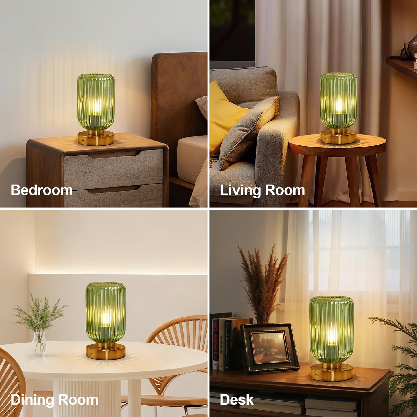 LightRound Cordless Table Lamp for Bedroom, 7500mAh Rechargeable Battery Operated Lamp, Modern Touch Dimmable Wireless Lamp Gold Base Green Glass Shade for Living Room, Desk, Led Bulb Included