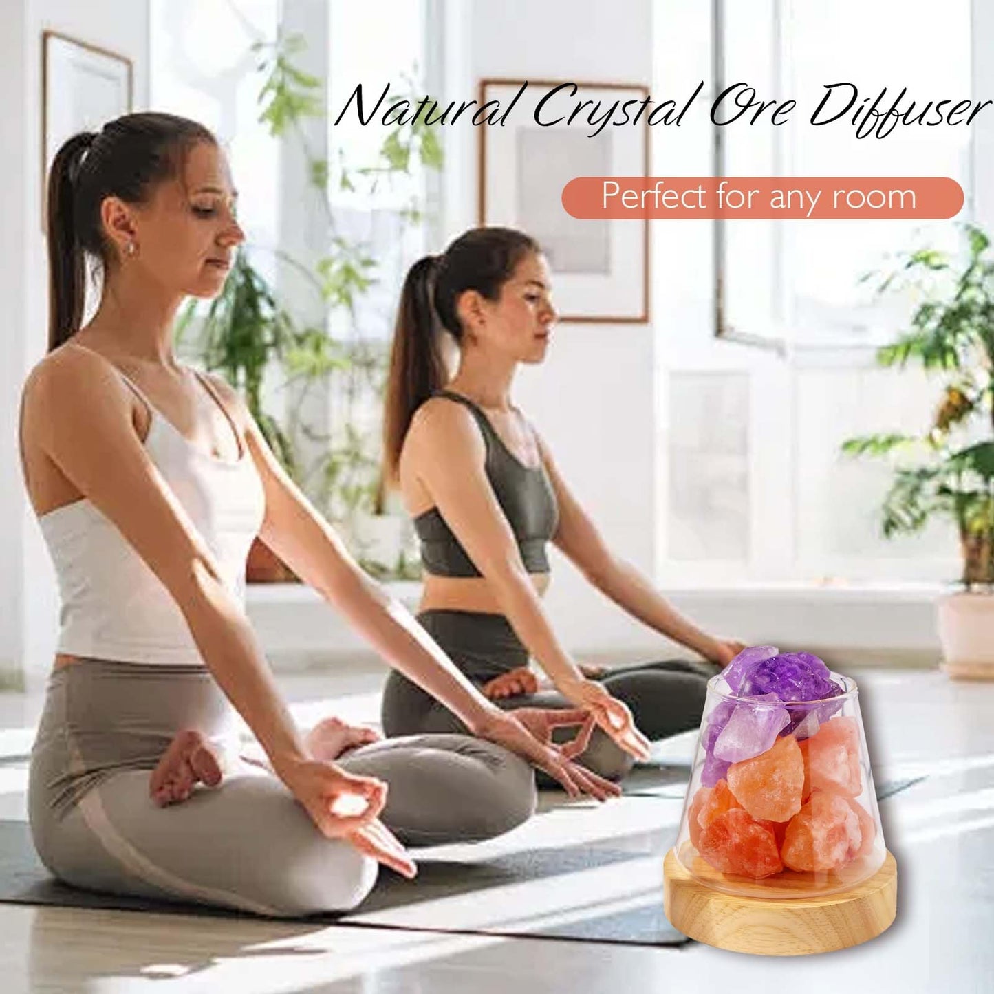 Runyangshi Healing Crystal Night Light Natural Himalayan Salt & Amethyst Raw Stones Aroma Diffuser USB Powered 3 Colour Adjustable Bedside Lamp for Bedroom Living Room Yoga Meditation Home Decor Gift