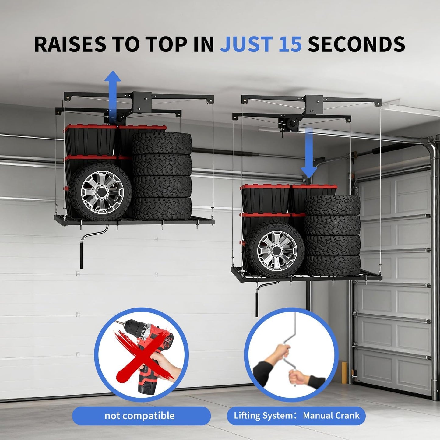 GarveeHome Heavy-Duty 4x4 ft Garage Ceiling Storage Rack with Manual Crank Lift – Adjustable Height, Carbon Steel, 350 lbs Capacity, Space-Saving Overhead Organizer for Garage or Basement – Black