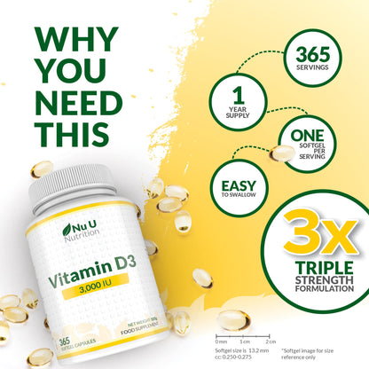 Vitamin D 3000IU - 365 Softgel Capsules - 1 Year Supply - Triple Strength Vitamin D3 Supplement - High Absorption Cholecalciferol - Gluten & Dairy Free by Nu U Nutrition
