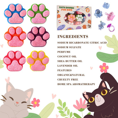 Paw Bath Bomb for Kids with Surprise Toys Inside, 12 Pcs Colorful Handmade Natural Bath Ball with Sparkling Crystal Toys, SPA Fizzy Bath Bomb Gift Set for Girl Boy at Christmas, Birthday
