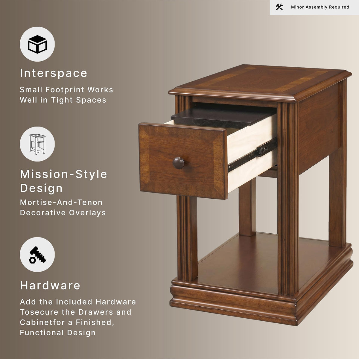 Signature Design by Ashley Breegin Chair Side End Table, 1 Drawer, 1 Fixed Shelf, Veneers, Wood, 13.13" W x 22.13" D x 23" H, Brown