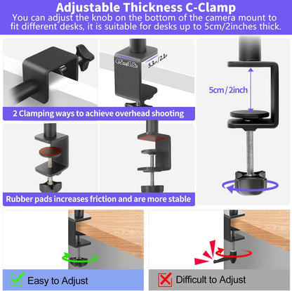 Camera Desk Mount Webcam Stand with 360° Ball Head, Adjustable Table Light Stand 14"-33", Tabletop C Clamp for DSLR Camera, Ring Light, Live Streaming, Photo Video Studios