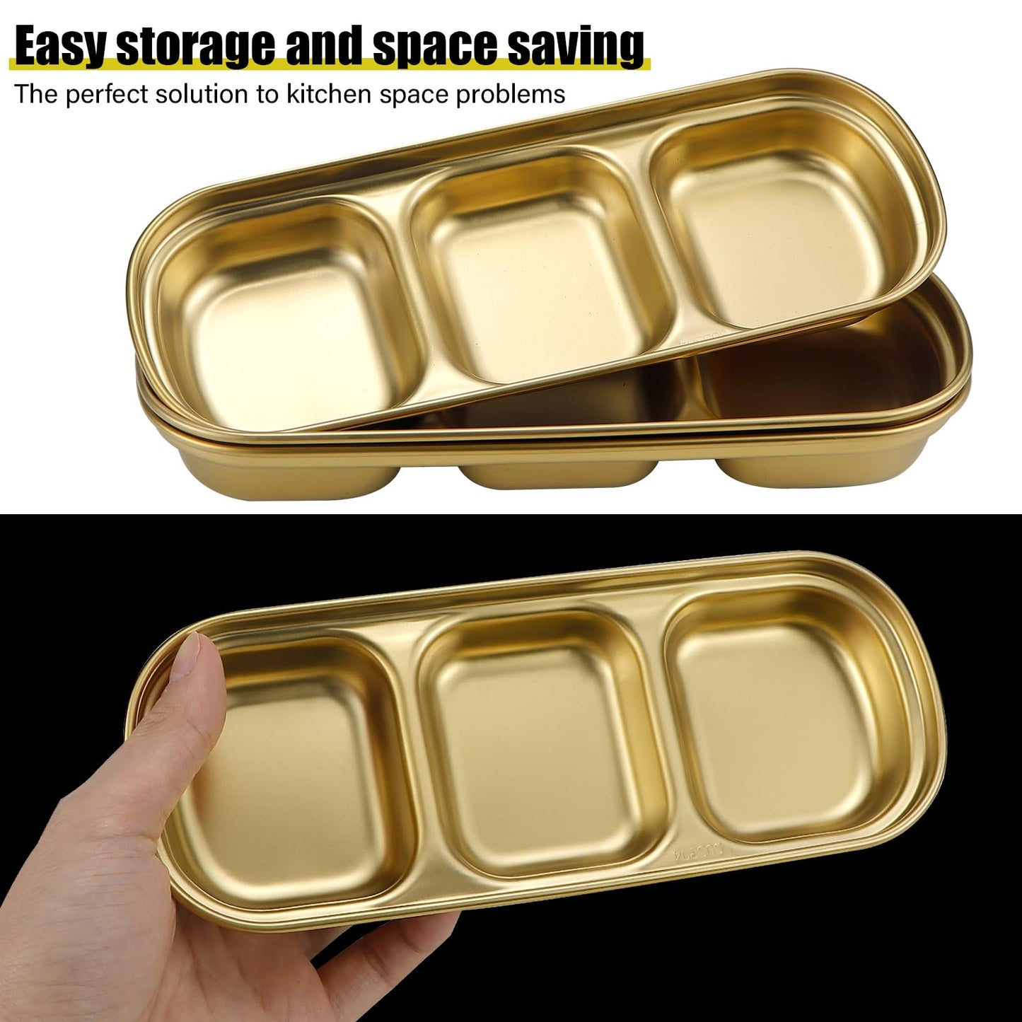LCJAOF 3Pcs Stainless Steel Dipping Bowls-3 Compartment Appetizer Serving Tray, Soy Sauce Dish for Condiments, BBQ Sauce, and Seasoning, Dishwasher Safe, Gold