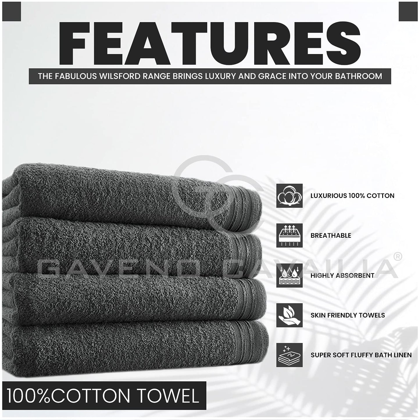 GC GAVENO CAVAILIA Large Towels Bath Sheet - Highly Absorbent Egyptian Cotton Towel Set - 4 Pack Extra Soft Large Bath Towel Charcoal-Quick Dry Bath Sheets - 450 GSM Washable Towels, 75X135 Cm