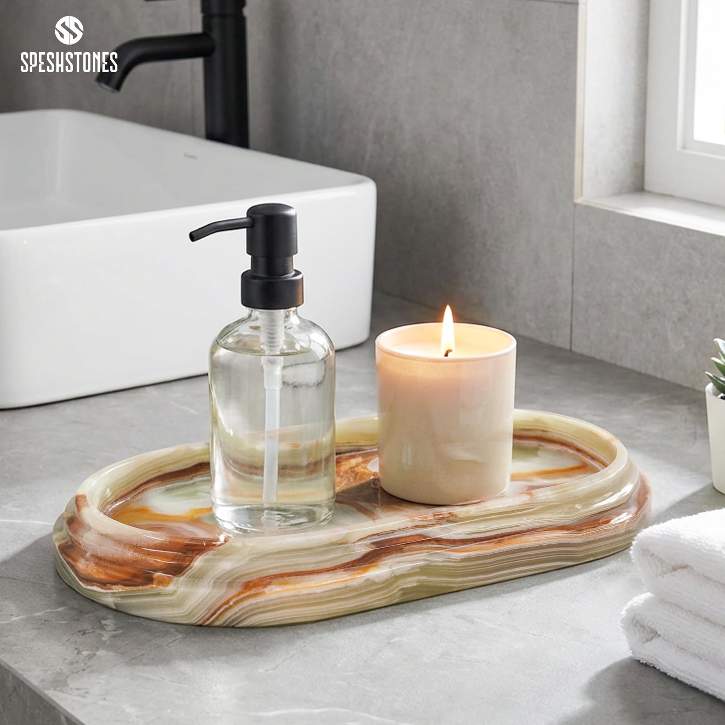 SPESHSTONES Marble Tray 9.75 Inch Handmade Green Onyx Bathroom Tray for Countertop Décor - Decorative Trays for Perfume, Candle, Jewelry & Vanity Accessories