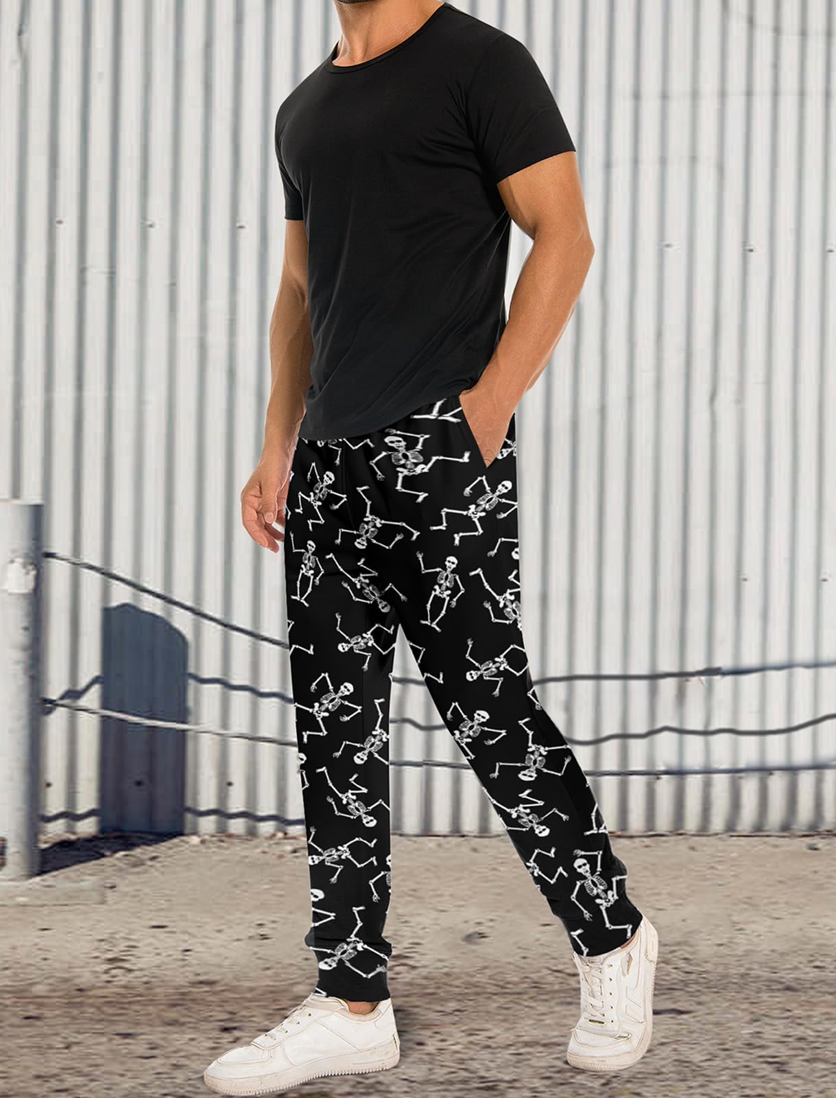 RAISEVERN Men Skull Jogger Pants Funny Halloween Skeleton Sweatpants 3D Bone Printed Tracksuit Black Track Pants Cool Sportswear Jogging Trousers with Drawstring Pockets