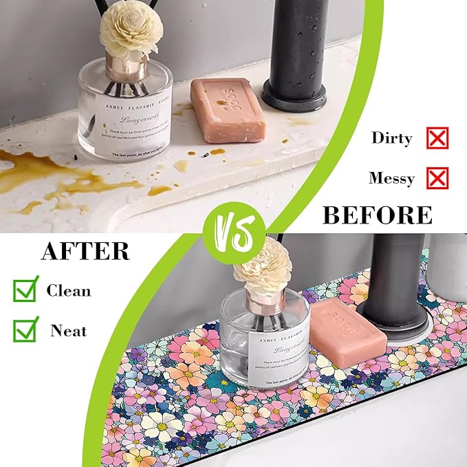 Sink Faucet Absorbing Mat Cute Flowers Sink Splash Guard Drying Mat