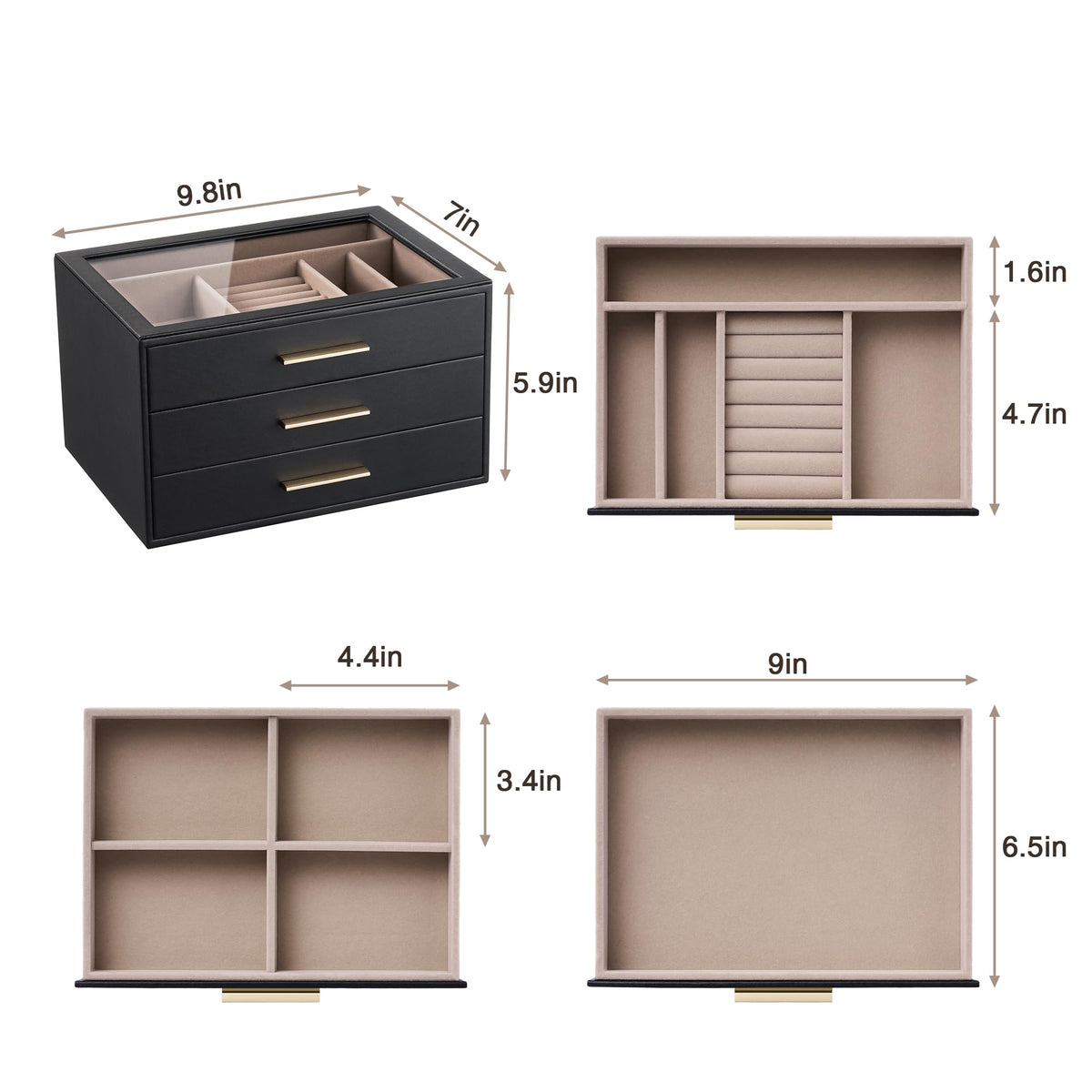 pickpiff Jewelry Box Organizer Case for Women: 3-Layer Jewelry Storage Case with Glass Window, Black Leather with Blush Velvet, Holder for Ring Necklace Bracelet Brooch Watch, Great Gift for Her