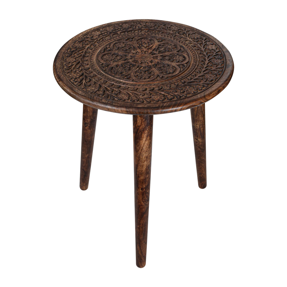 Side Tables Round with 3 Legs-Small Drink Table for Small Spaces, Modern Accent Nightstand with Hand-Carved Top & Solid Wood end Tables for Living Room, Bedroom,Office – Burnt Finish_18x22