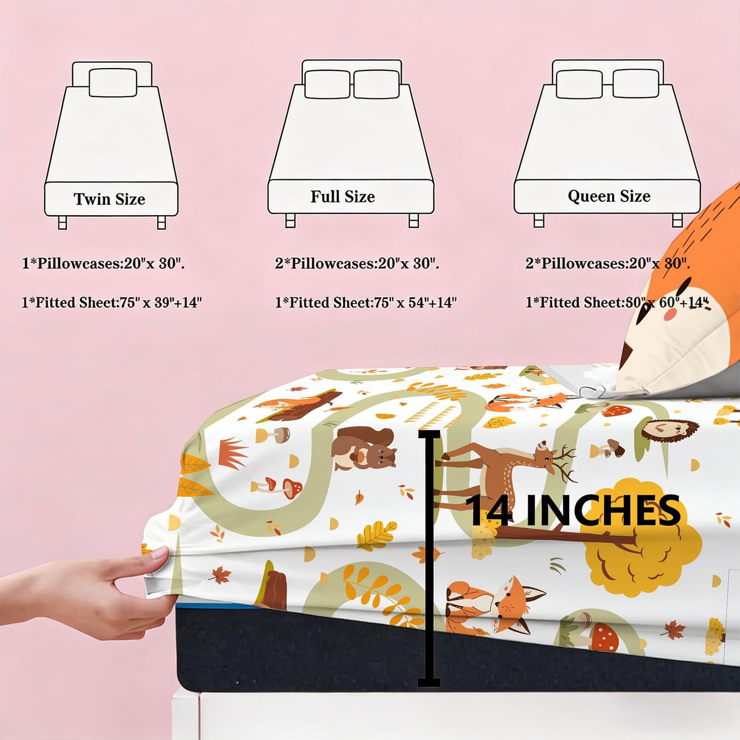 Yasida Twin Size Fox Forest Animals Twin Fitted Sheet Kids 3D Fox Pillowcase Washable Sheets Set Kid Animals Bedding Sheet Soft Microfiber(1*Sheet+1*Pillowcase)