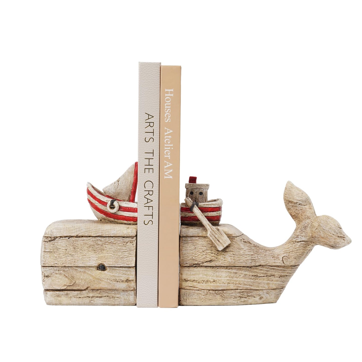 Guichifun Whale Decorative Bookends Book Holder - Distressed Finish Resin Cute Bookend Set with Sailboat Nautical Book Shelf Decor for Living Room Office Home Decoration Gift 11.8 X 3.9 X 6.5 inch