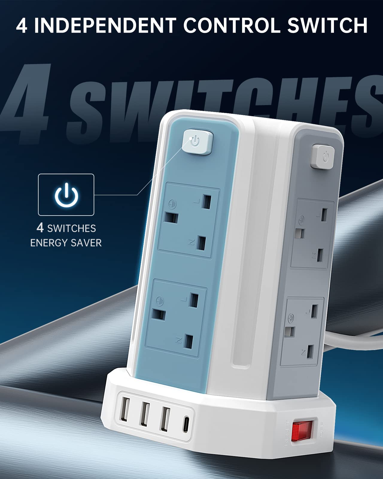 Tower Extension Lead, (3250W 13A) Extension Tower 8 AC Outlets & 4 USB Ports, Surge Protection Extension Lead with 4 Independent Switch, 17W USB C Ports Extension Cable 3M for Office, Home, Kitchen