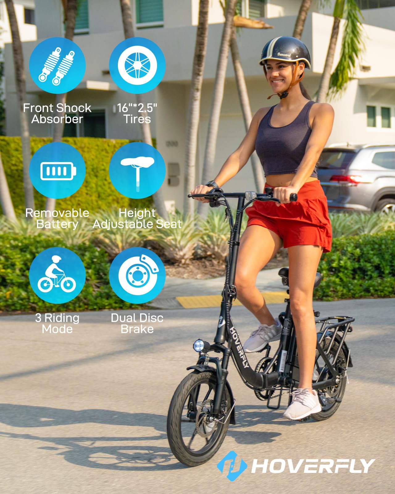 Hoverfly H3 16" Electric Bike, Max 28Miles Range(Pedal-Assist) & Speed 15.5 Mph Power by 500W Peak Motor, Folding E-Bike with Removable Battery, Front Suspension, Commuter Electric Bicycle Adults