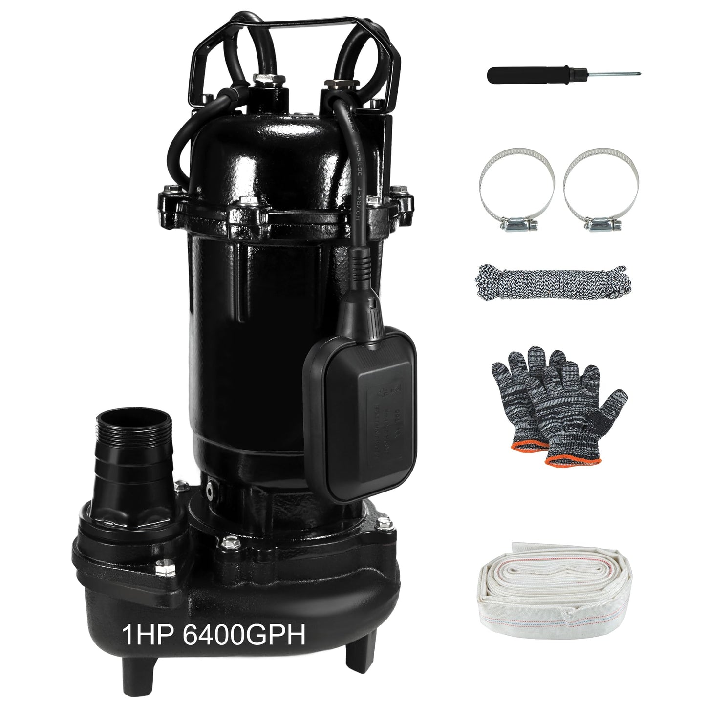 1HP Sewage Grinder Sump Pump, 110V 6400GPH Cast Iron Submersible Effluen Pumps with Auto Float Switch and Adapter for Basement, Sump Basin, Residential Sewage, 2" NPT Discharge