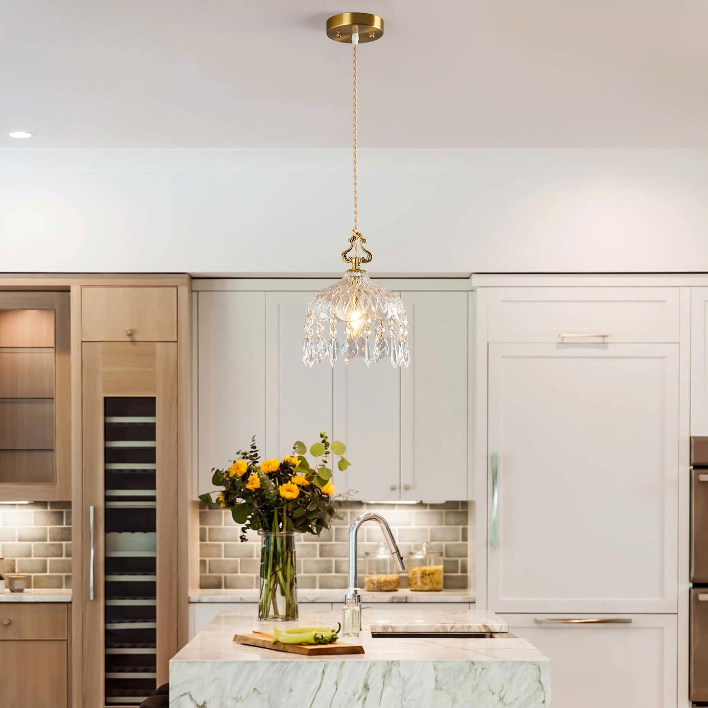 JXJYHL Brass Vintage Glass Pendant Light Crystal Hanging Light Fixtures,Adjustable Height Single Head Pendant Lights for Dining Room Living Room Bedroom Hallway(1-Pack)