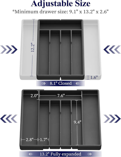 Kitsure Silverware Organizer for Drawers - Expandable Cutlery and Utensil Drawer Organizer with Easy Maintenance, Premium PP Kitchen Organizers and Storage for Flatware, Black, 13.2" x 12.2" x 1.6"