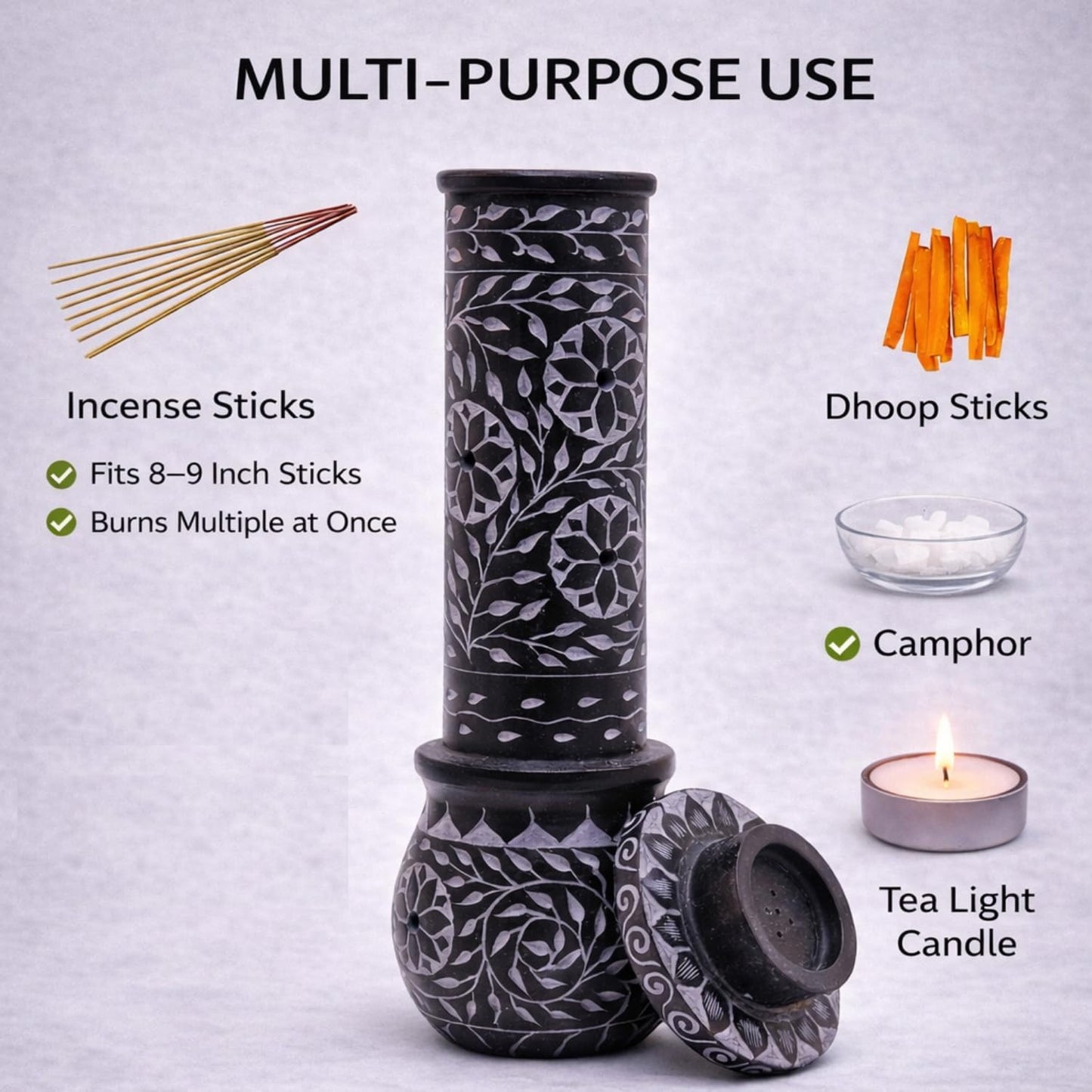 KC KULLICRAFT Marble Soapstone Blue Incense Stick Holder | Candle Burner | Tea Light Holder - Round Incense Holder Decorative Home and Office Decor - (3 x 3 x 10 Inches)