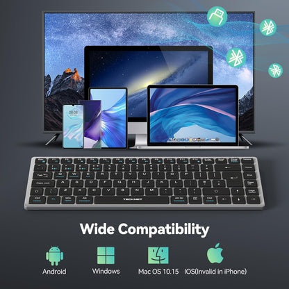 TECKNET 2.4G Wireless Keyboard, Rechargeable Bluetooth Keyboard for 4 Multi Devices, QWERTY UK Layout Compact Mini keypad, Small Silent Keys for Laptop, Phone, Smart TV, Computer, Tablet - Silver