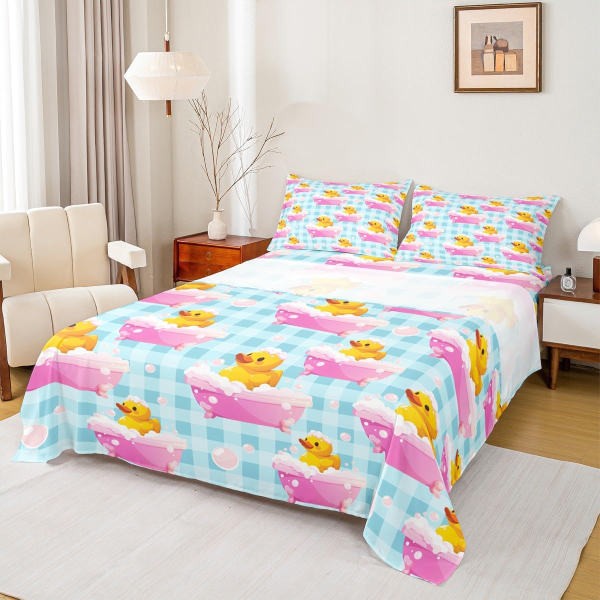 Erosebridal Boys Girls Blue Plaid Bed Sheets Full Size Kids Cute Yellow Duck Flat Fitted Sheet Cartoon Ducks Sheet Set Farmhouse Pet Animal Sheets