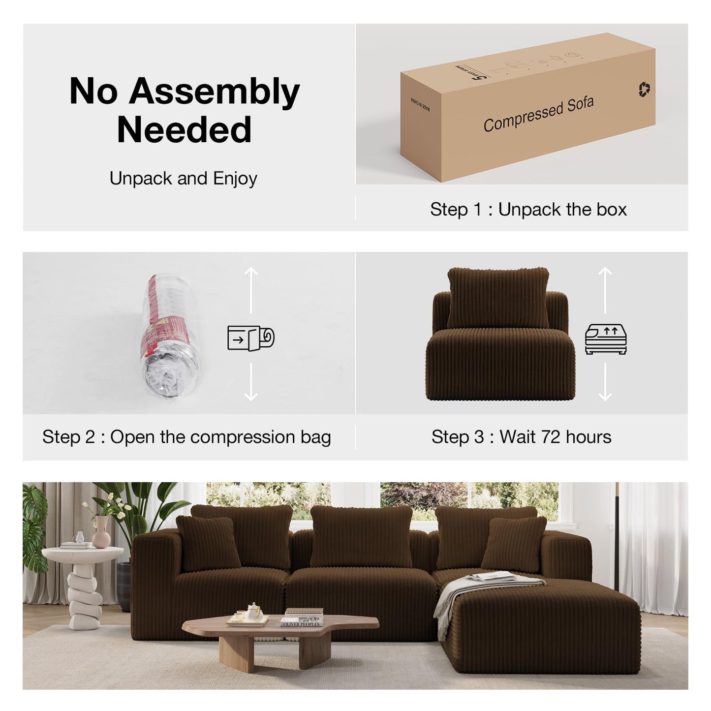 Novilla 141" Modular Sectional Sofa, Modern Cloud Sectional Couch with Smarts Coil® Support, U-Shape Boneless Couch for Living Room Apartments, No Assembly Required, Brown (4 Seat w/ 2 Ottoman)