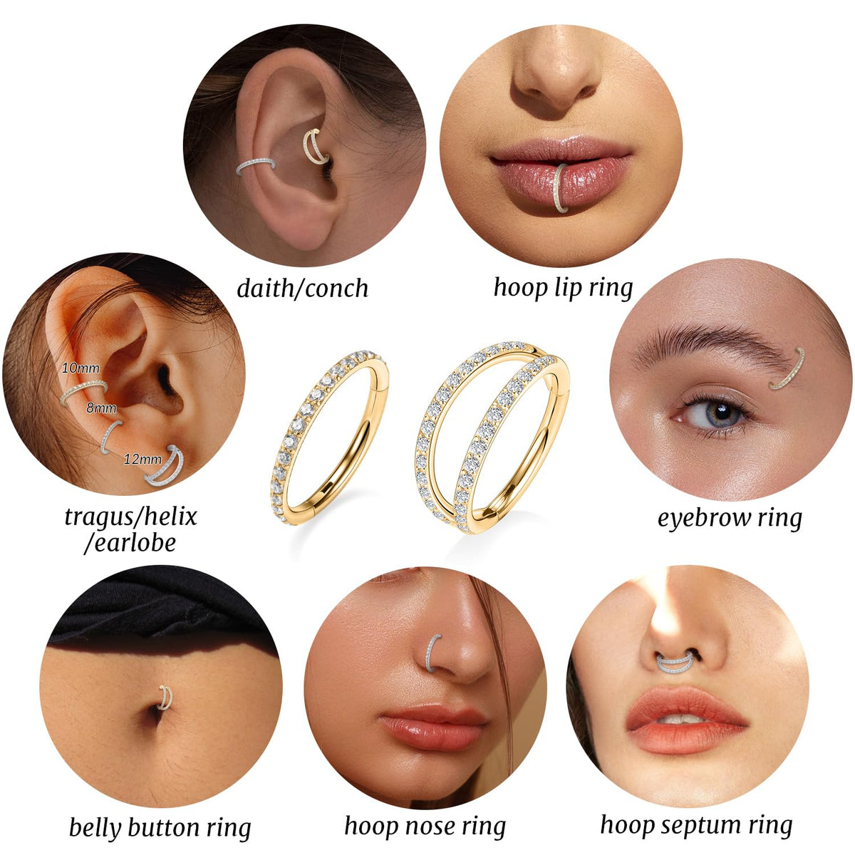 Nose Hoop Gold Double Hoop Septum Ring with CZ Septum Jewelry Surgical Steel Conch Piercing Jewelry Nose Earrings 16g Septum Clicker Lip Rings Helix Earring 12mm Conch Piercing Cartilage Earring